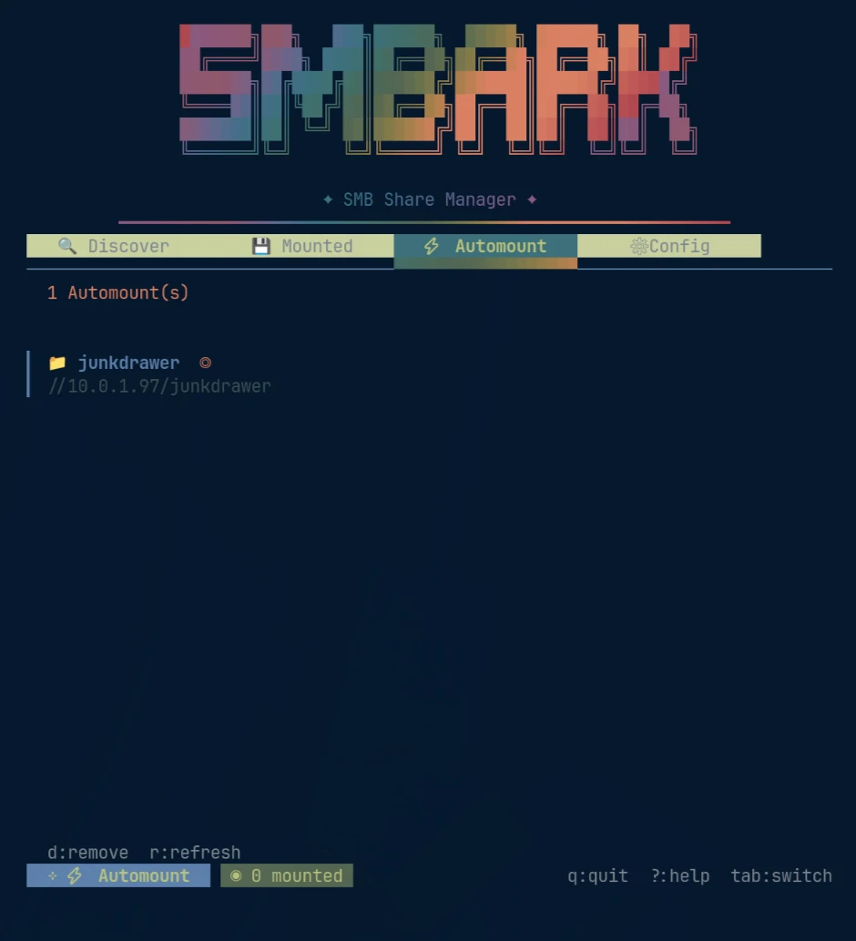 SMBARK Automount view showing a configured network share