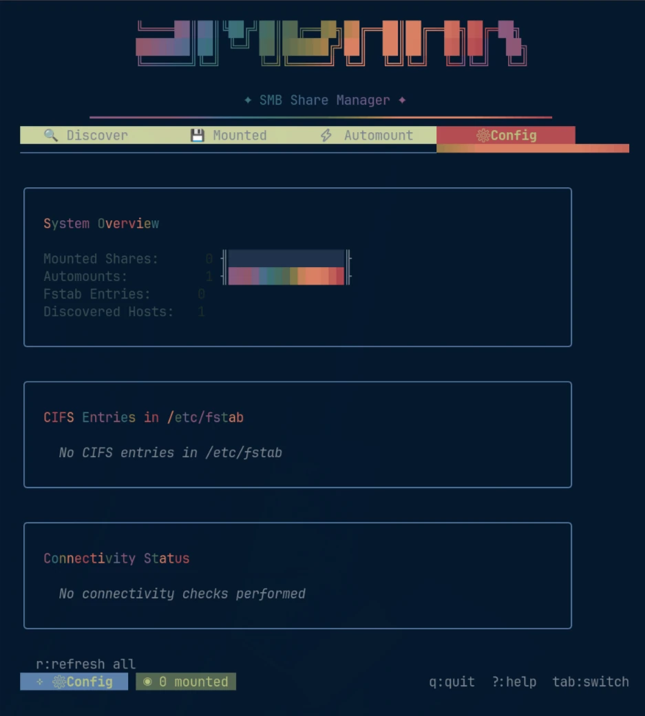 SMBARK Config view showing system overview, fstab entries, and connectivity status