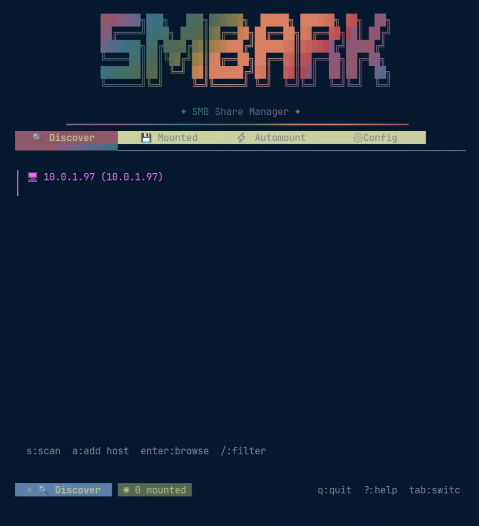 SMBARK Discover view showing an SMB host found on the local network