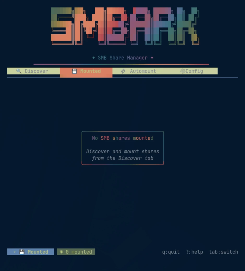 SMBARK Mounted view with an empty mounted shares state